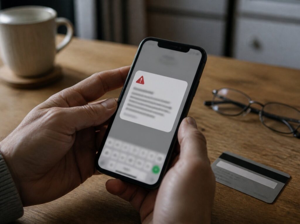 Mains tenant un smartphone qui affiche une alerte bancaire suspecte, une carte bancaire posée sur la table