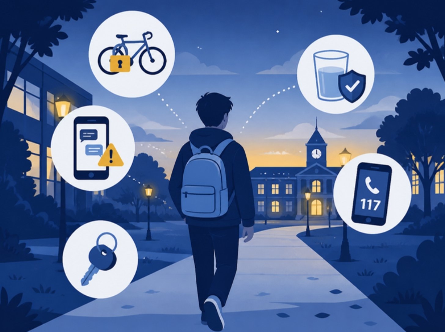 Illustration : une personne étudiante marche sur un campus au crépuscule, entourée d'icônes de prévention (antivol de vélo, message suspect, clé, verre protégé, appel au 117)